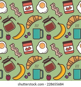 Breakfast menu food and drinks seamless pattern. Editable vector illustration.
