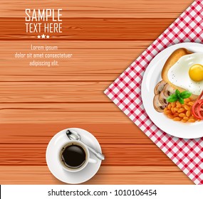 Breakfast menu with fried egg and cup of black coffee on wooden table