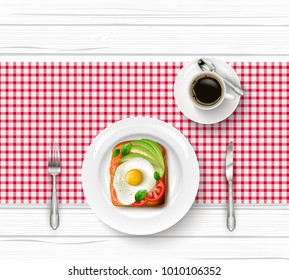 Breakfast menu with fried egg, toast and cup of black coffee on wooden table