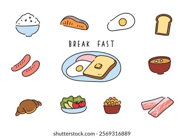 Breakfast menu hand drawn icon style illustration set
