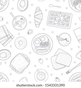 Breakfast Menu Hand Drawn Seamless Pattern with Morning Food Dishes, Can Be Used Fabric Wrapping Paper, Website Wallpapers, Background Vector Illustration