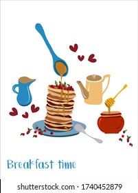 Breakfast menu with homemade pancakes, cranberries and honey. Stack fritters, cute wooden honey dipper and milk jug hand drawn vector illustration. Tasty sweet dessert poster for cafe menu. 