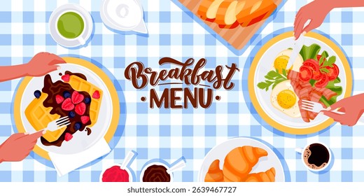 Breakfast menu horizontal background. Top view vector flat cartoon illustration of people having brunch meal on blue checkered tablecloth. Morning food design elements for banner, poster