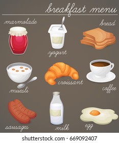 Breakfast menu icon set isolated on dark background. Vector art.