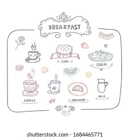 Menú de desayuno con tazas, pasteles, cereales, leche y cruasán. Arte de líneas. Dibujo elegante, minimalista.