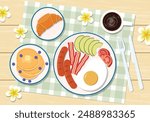 
Breakfast menu illustration with fried egg, sausages, bacons, avocados, tomatoes, pancakes, croissant, and coffee on a wooden table and flower decoration. Vector  illustration appetizing breakfast.