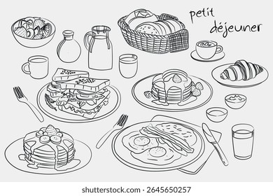 Breakfast menu illustration. Hand drawn breakfast food. Breakfast sketch icon set. Breakfast table. Food illustration.