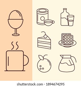 breakfast menu ingredient juice egg cake waffle orange coffee milk icons set line style vector illustration