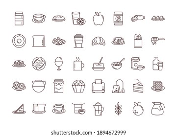 menú de desayuno productos ingredientes iconos frescos set línea estilo ilustración vectorial