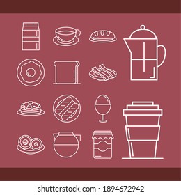 breakfast menu ingredient products milk bread bacon egg donuts icons set, line style vector illustration