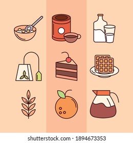 breakfast menu ingredients: cereal, coffee, cake, fruit icon set. line and fill style vector illustration