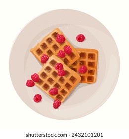 Breakfast menu item sweet belgian waffles with raspberries top view plate image vector illustration