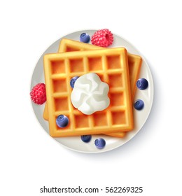 Breakfast menu item sweet belgian waffles with blueberry raspberry and cream realistic top view  plate image vector illustration 