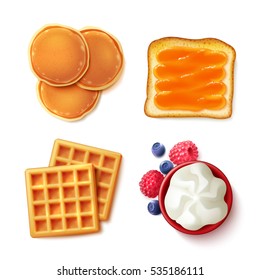 Breakfast menu items 4 realistic top vie images square composition with pancakes waffles toast cream isolated vector illustration 