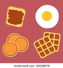 Breakfast menu items with pancakes waffles toast fried eggs vector illustration