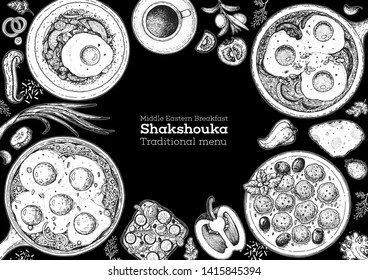 Breakfast menu. Middle eastern breakfast. Shakshouka cooking and ingredients for shakshouka, sketch illustration. Israeli breakfast. Arabic cuisine frame. Shakshuka, hand drawn frame.  