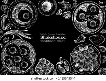Breakfast menu. Middle eastern breakfast. Shakshouka cooking and ingredients for shakshouka, sketch illustration. Israeli breakfast. Arabic cuisine frame. Shakshuka, hand drawn frame.  