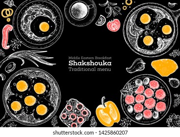 Breakfast menu. Middle eastern breakfast. Shakshouka cooking and ingredients for shakshouka, sketch illustration. Israeli breakfast. Arabic cuisine frame. Shakshuka, hand drawn frame.  