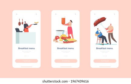 Breakfast Menu Mobile App Page Onboard Screen Template. Tiny Characters at Huge Plate Having Traditional English Full Fry Up Breakfast with Fried Eggs Concept. Cartoon People Vector Illustration