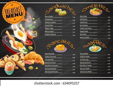 Breakfast menu on black chalkboard including omelettes sandwiches with vegetables pancakes waffles with chocolate, fruits vector illustration