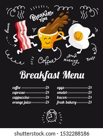 Breakfast menu placemat food restaurant brochure, template design. Flat illustration concept. Fanny dinner flyer with hand-drawn graphic for children's menu. cartoon characters coffee cup, bacon, egg