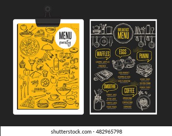Breakfast menu placemat food restaurant brochure, template design. Vintage creative dinner flyer with hand-drawn graphic. 