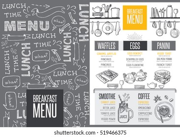 Breakfast menu placemat food restaurant brochure, template design. Vintage creative dinner flyer with hand-drawn graphic. 