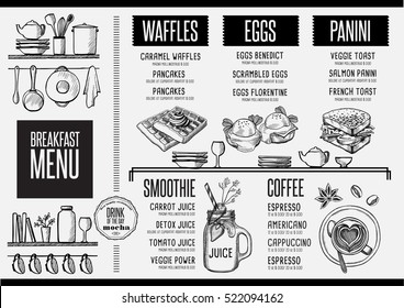 Breakfast menu placemat food restaurant brochure, template design. Vintage creative dinner flyer with hand-drawn graphic. 