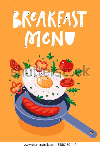 朝食メニューのポスターデザイン 鍋の上に卵とソーセージを揚げた 朝食のメニュー手書きの文字 ベクターイラスト のベクター画像素材 ロイヤリティフリー
