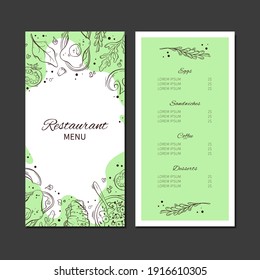 Breakfast menu for restaurant and cafe. Design template with hand-drawn graphic elements, vector illustration.