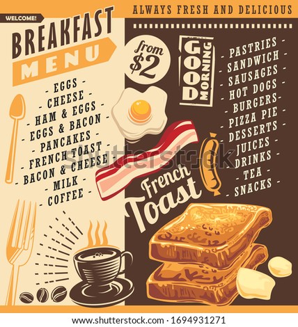 Breakfast menu, restaurant menu design with price lists and food graphics. French toast, egg and bacon vector images. Hot coffee cup drawing illustration.