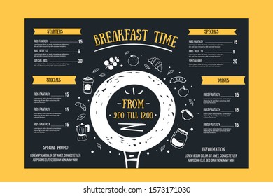 Breakfast menu, restaurant template on chalkboard. Blackboard poster with doodle icons with alarm, fruit, plate, croissant