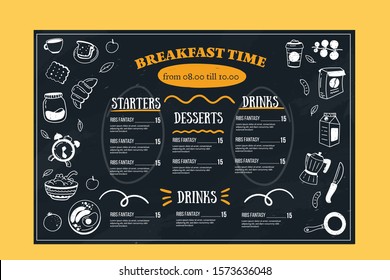 Breakfast menu, restaurant template on chalkboard. Blackboard poster with doodle icons with alarm, fruit, plate, croissant