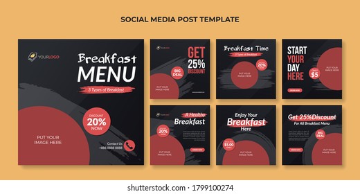 Breakfast menu social media post template. Food banner for restaurant or cafe