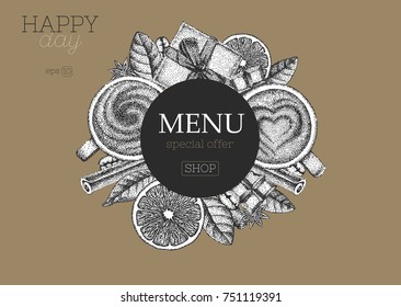 breakfast menu special offer sketch elements in round shape on beige background