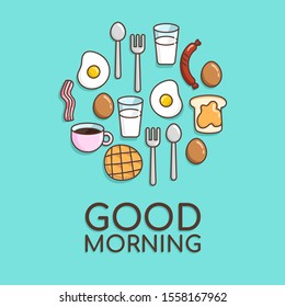 Breakfast menu template with cup of tea, waffle, milk, bacon, egg, sausage, toast with jam on blue background. Vector illustration 