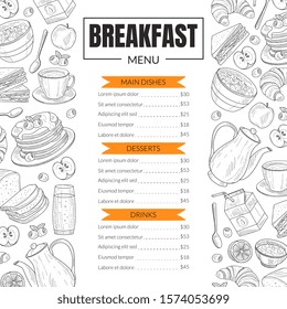 Breakfast Menu Template Design for Restaurant with Hand Drawn Food Items