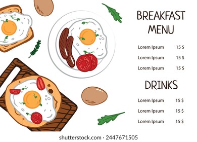 Breakfast menu template Different fried Eggs dishes sausage, tomato, greens, egg, toast. breakfast doodle illustration for cafe, restaurant, menu, cookbook  design.