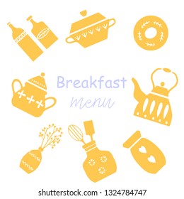 Breakfast menu. Template with scandinavian style utensils. Flat Vector Illustration.