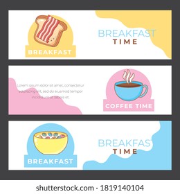 plantillas de menú de desayuno con dibujos animados de iconos de desayuno. ilustración vectorial