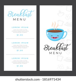 breakfast menu templates with coffee cup cartoon. vector illustration