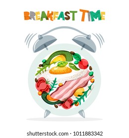 Breakfast menu vector design. Fried eggs, bacon, avocado, tomato, seasoning on plate with alarm clock. Breakfast time concept. Food illustration isolated on white background.