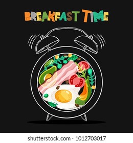 Breakfast menu vector design. Fried eggs, bacon, avocado, tomato, seasoning on plate with alarm clock. Breakfast time concept. Food illustration on black background.