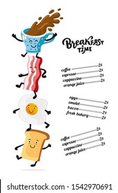 Breakfast menu. Vector placemat or poster with calligraphy lettering. Flat chalk illustration of dancing coffee cup, bacon, toast, egg. Cafe menu template