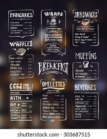 Breakfast menu. White drawing on dark background