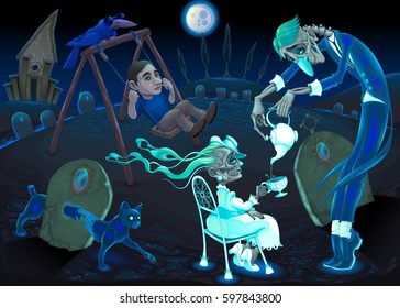 Breakfast at midnight. Vector cartoon horror illustration
