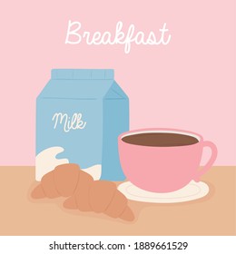 breakfast milk box coffee cup croissant delicious food cartoon vector illustration