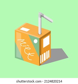 caja de leche de desayuno con alimentos apetitosos de paja, icono plano sobre fondo verde claro ilustración vectorial