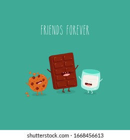 Breakfast, milk, chocolate and cookies. Friends forever. Vector illustration. Use for card, poster, stickers, web design and print on t-shirt. Easy to edit.