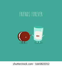 Breakfast, milk and cookies. Friends forever. Vector illustration. Use for card, poster, stickers, web design and print on t-shirt. Easy to edit.